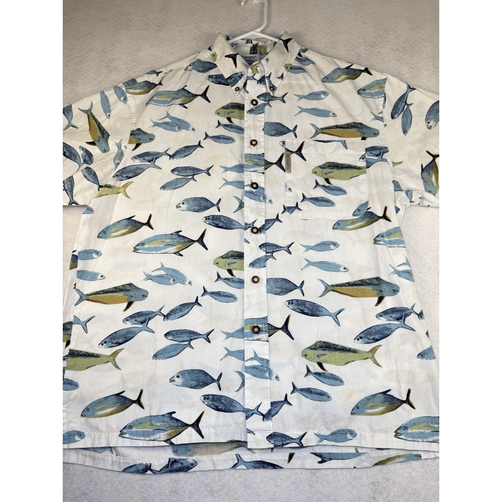 Columbia Men's Fish Print Button Front Camp Shirt Size L Hawaiian Fishing Aloha